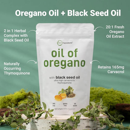 Micro Ingredients Aceite de Orégano en Cápsulas Blandas 6000mg por Porción, 300 Unidades | 2 en 1 Formulado con Aceite de Semilla Negra 200mg, Carvacrol y Timokinona 4 Veces Más Potentes | de Origen Vegetal, Sin OGM y Apoyo Inmunológico