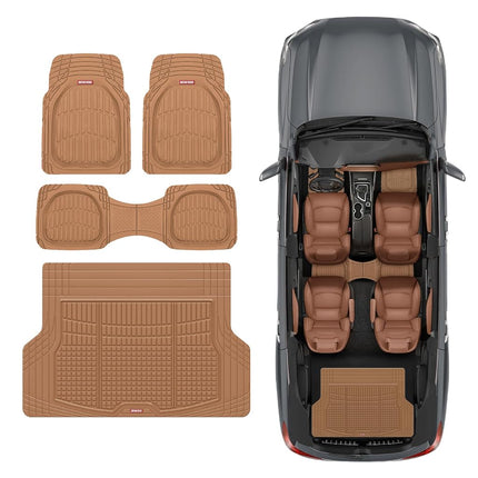 Motor Trend FlexTough Contour Liners Deep Dish 3 pc Rubber Floor Mats & Trimmable Trunk Liner Cargo Mat - Heavy Duty All Weather Protection Car Mats with Traction Grips Car Accessories (Beige)