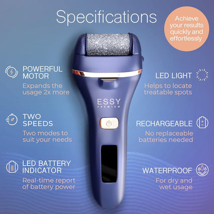 Essy Electric Foot File Hard Skin Remover with 5 Replacement Rollers Foot File Electric Pedicure Sets Cutters Accessories for Dry Dead Hard Skin Feet Callus Remover for Feet Care Exfoliator (Purple)