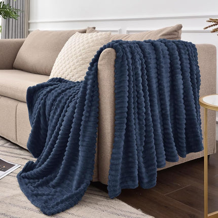 BEDELITE 3D Ribbed Navy Blue Fleece Throw Blanket for Couch, 50x70 Inch