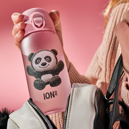 Ion8 Small Water Bottle, 350 ml/12 oz, Leak Proof, Easy to Open, Secure Lock, Dishwasher Safe, BPA Free, Carry Handle, Hygienic Flip Cover, Easy Clean, Odor Free, Carbon Neutral, Pink, Panda Design