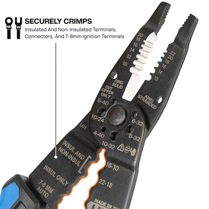 Klein Tools 1025 Long Nose Multi-Purpose Wire Stripper Tool, Made in USA Professional Electrician Tools, Crimping Tool, Cable Stripper for 10-20 AWG Solid, 12-22 AWG Stranded Wire
