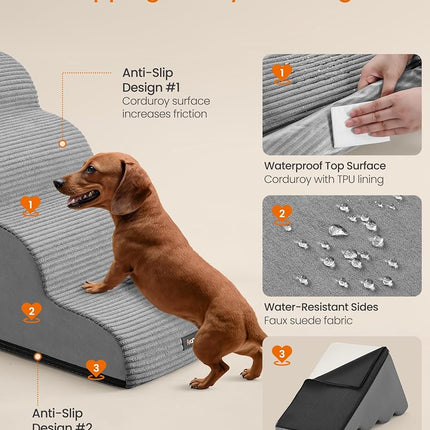 Feandrea Dog Stairs, 4 Steps, Pet Stairs, for Small Dogs, Bed, Sofa, Waterproof Cat Stairs, Non-Slip, Gringe Tilt, Removable Washable Cover, Handle, Dove Grey PPS004G01