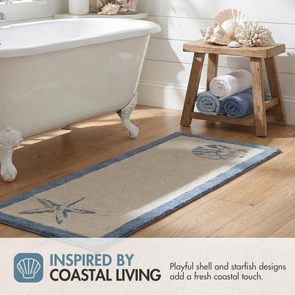 Madison Park Bayside 100% Cotton Tufted Non-Slip Absorbent Ultra Soft Seashells Beach Style Bath Mat Bathroom Rugs, 24X60 Inches Blue