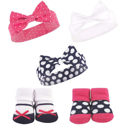 Hudson Baby Unisex Baby Headband and Socks Set, Navy Pink Dot, 0-9 Months
