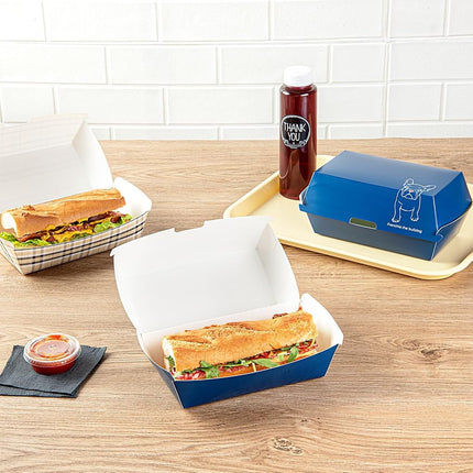 Bio Tek 6.7 x 3.5 x 3.5 Inch Clamshell Food Containers, 100 Disposable Sandwich Containers - Hinged Lid, Tab-Lock Closure, Frenchie Paper Hot Dog Containers, Greaseproof - Restaurantware