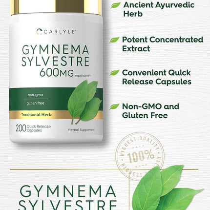 Gymnema Sylvestre Leaf Extract 600 mg | 200 Capsules | Non-GMO and Gluten Free | by Carlyle