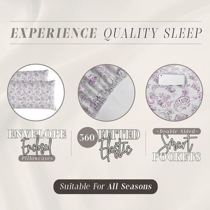 Elegant Comfort Amelia Paisley Printed 6-Piece Sheet Set, Deep Pocket 1500 Premium Hotel Quality, Fade and Wrinkle Resistant, Fitted Sheets with Smart Pockets, Paisley Sheet Set, Full, Purple