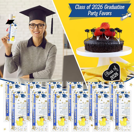 Sayglossy 30 Sets Graduation Gifts Bulk Class of 2025 Gel Ink Pen Mini Card Cap Yellow Resin Duck Graduation Party Decorations Favors for Student(Bule)