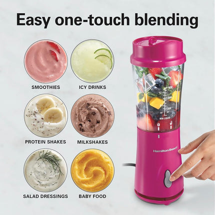 Hamilton Beach Personal Blender for Smoothies & Protein Shakes, Portable Single Serve Blender with Travel Lid, 14 oz BPA-Free Jar, 175W, Compact Countertop Blender, Raspberry, 51131G