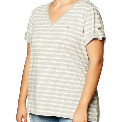 Camiseta de Algodón Elástico Supersuave con Rayas, Cuello en V y de Fácil Comodidad para Mujer Nautica, Gris Jaspeado, L