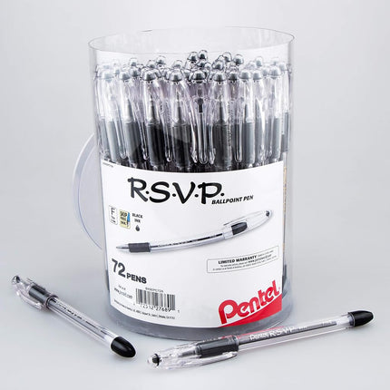 Pentel RSVP Ballpoint Pen, (0.7mm) Medium Line, Black Ink, 72pk Canister (BK90PC72A)
