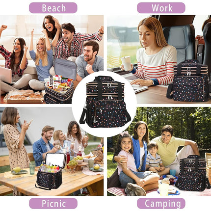 GLENKEY Expandable Lightweight Insulated Lunch Box for Women, Double Deck Large Lunch Bag Leakproof Soft Cooler Bags for Adults Work Office Flight Beach Travel, Polka Dots, 16L
