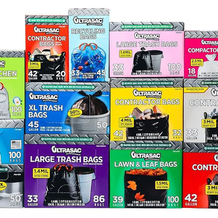 Ultrasac 55-60 Gallon 6.0 MIL Black Heavy Duty Trash Bags - 39" x 58" - Pack of 15 - For Contractor, Construction, & Industrial,UL-39586BK