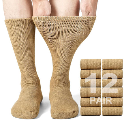 Physicians Approved Diabetic Socks For Men Women Non-Binding Loose Top Wide Crew Length, 12 Pairs Khaki, 10-13