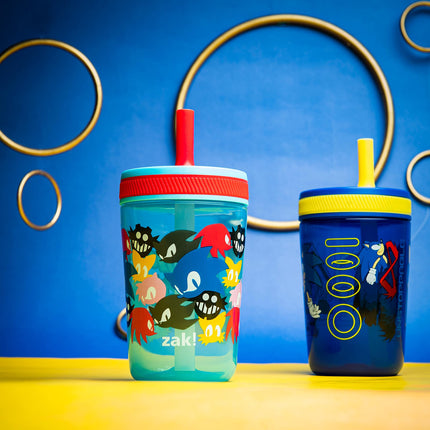 Vasos Kelso de Zak Designs de Sonic The Hedgehog para niños pequeños, para viajes o el hogar, paquete de 2 vasos pitillo de plástico duradero de 15 oz con diseño a prueba de fugas, perfectos para niños (Sonic)