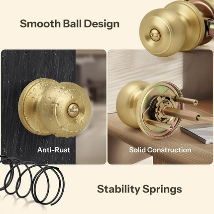 LOQRON Brushed Gold Flat Ball Door Knob with Lock, Keyless Privacy Round Design Doorknob for Bathrooms/Bedrooms, Satin Brass Finish