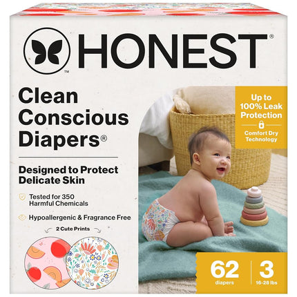 The Honest Company Clean Conscious Diapers for Delicate Skin | Up to 100% Leakproof | Hypoallergenic, Fragrance Free | Girl Prints | Club Box, Size 3 (16-28 lbs), 62 Count (Prints May Vary)