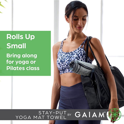 Gaiam 05-63735 Yoga Towel - Mat Sized Active Dry Non Slip Moisture Wicking Sweat Absorbent Microfiber Hot Yoga Towel for Women & Men | Stay-Put Corner Pockets (70" Long x 26" Wide), Grey