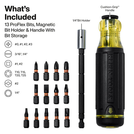 Klein Tools 32303 Multi-Bit Screwdriver/Nut Driver, Impact Rated 14-in-1 Magnetic Screwdriver Set Phillips, Slotted, Square, Combo, Torx