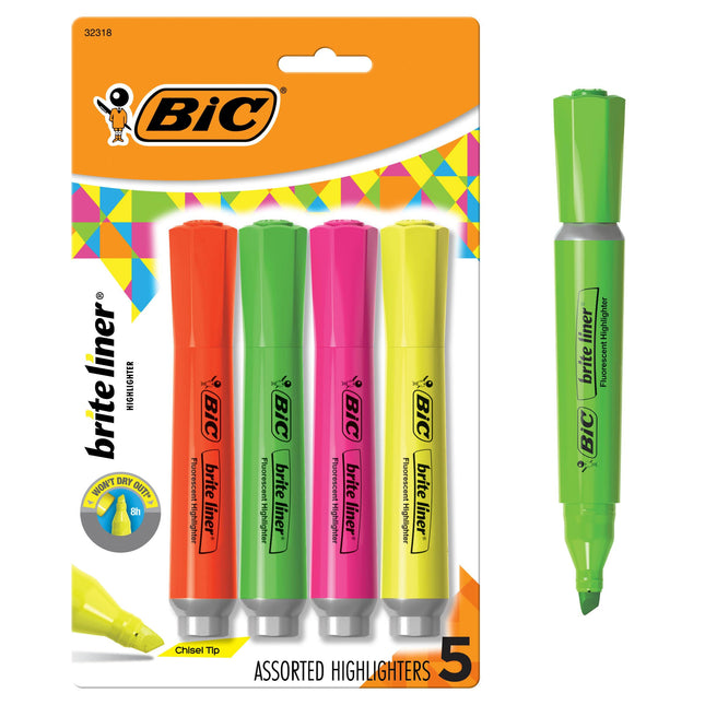 BIC Brite Liner Grip XL Highlighters, Chisel Tip, 