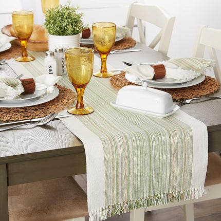 DII Fringed Stripe Tabletop, Table Runner, Cotton, Thyme, 14x72