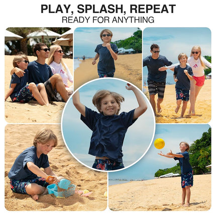 Kanu Surf Boys' Big Short Sleeve UPF 50+ Rashguard Swim Shirt, Solid Navy, Small (8)
