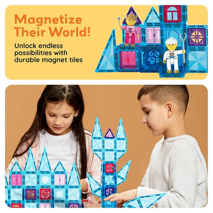 PicassoTiles 71pc Mini Diamond Series Winter Ice Theme Magnetic Tile Building Blocks 2 Character Action Figures Travel Size On-The-Go Magnet Construction Toy Set STEM Development Kit Ages 3+ PTM71