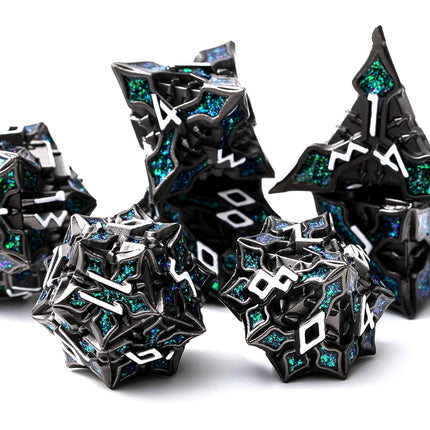 Metal Dice for DND - Spire Sanctum Series (Black Matte Green Glitter)