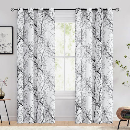 Fmfunctex Linen Semi Sheer Curtains for Bedroom, Black White Curtains 96 Inches Long for Living Room, Grey Tree Branch Patterned Curtain Light Filtering Farmhouse Window Drapes, Grommet Top 2 Panels