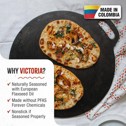 Victoria 15-Inch Cast-Iron Tawa Dosa Pan, Pizza Pan with a Loop Handle, Crepe Pan Preseasoned with Flaxseed Oil, Made in Colombia,Black