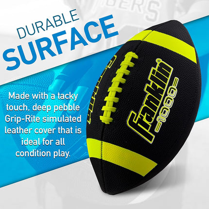 Balón de fútbol americano tamaño júnior de Franklin Sports - Balones de fútbol americano juveniles Grip-Rite - Cuero sintético con agarre extra perfecto para niños - 1 unidad inflada - Paquete de 12 desinflados con bomba, Negro/Lima (33099C1X)