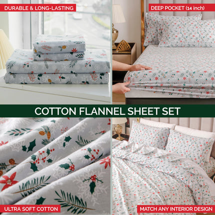 Elegant Comfort Ultra Soft 4-Piece 100% Turkish Cotton Flannel Sheet Set - Holiday Christmas Flannel Sheets, Warm and Cozy Anti-Pill Premium Quality, Deep Pocket Fitted Sheet- Twin XL, Poinsettia
