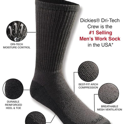 Dickies Men's Dri-tech Moisture Control Crew Socks Multipack, Charcoal (12 Pairs), Shoe Size: 5-9
