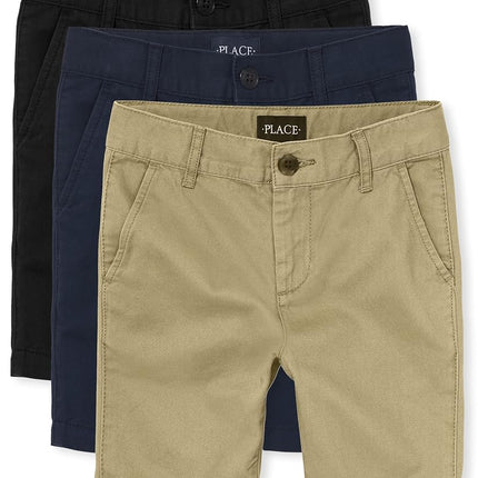 The Children's Place Pantalones Cortos Chino Elásticos para Niños, Paquete de 3 de Lino/Azul Marino Nuevo/Negro, Talla 20 Husky