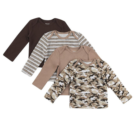 Hanes Baby and Toddler Long Sleeve Flexy Soft Knit Expandable Shoulder Pullover Undershirt (4 Pack), Dusty Brown/Tan, 0-6 Months