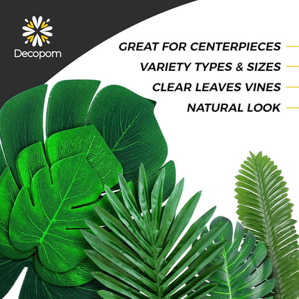 Palm Leaves Artificial Tropical Monstera - 84 Pcs 6 Kinds Large Small Green Fake Palm Leaf Decorations with Stems for Safari Jungle Hawaiian Luau Party Table Decoration Wedding Birthday Theme Party