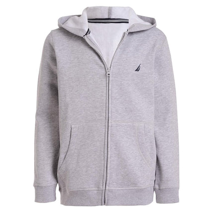 Nautica Boys' Zip Up Hoodie Sweatshirt, Signature Logo Design, Kangaroo Pockets, Made with Lightweight Fleece, Light Grey, 8