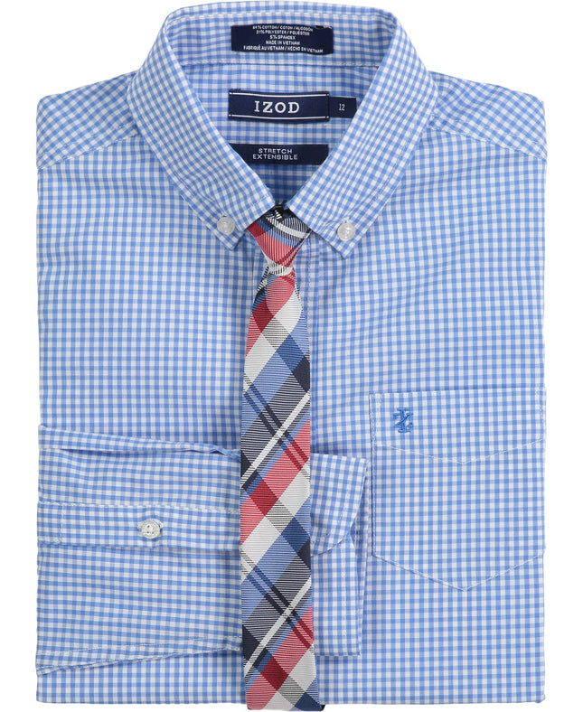 IZOD Boys' Long Sleeve Button-Down Collared Dress Shirt with Tie and Chest Pocket, Dragonfly, 16