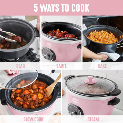 Olla de cocción lenta GreenLife Cook Duo saludable de cerámica antiadherente de 6 cuartos, sin PFAS, temporizador digital, piezas aptas para lavavajillas, rosa suave