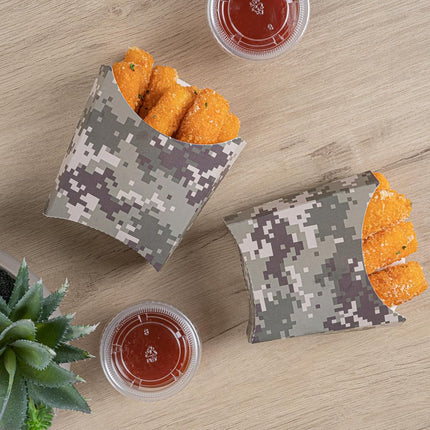 Bio Tek 4.5 x 3.2 x 3.9 Inch French Fry Cup, 100 Disposable Snack Cups - Stackable, Sustainable, Camouflage Paper 3 Ounce Fry Holder, for Fries, Onion Rings, Popcorn, or Cookies - Restaurantware