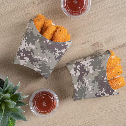 Bio Tek 4.5 x 3.2 x 3.9 Inch French Fry Cup, 100 Disposable Snack Cups - Stackable, Sustainable, Camouflage Paper 3 Ounce Fry Holder, for Fries, Onion Rings, Popcorn, or Cookies - Restaurantware