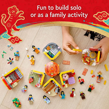 LEGO Lunar New Year Traditions 80108 Building Kit; Gift Toy for Kids Aged 8 and Up; Building Set Featuring 6 Festive Scenes and 12 Minifigures, Including The God of Wealth (1,066 Pieces)