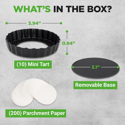 Nutrichef Nonstick Mini Tart Pans,10-Piece Heavy Duty 10cm Steel Quiche Pans with Removable Bottom, Oven & Dishwasher Safe, Fluted Edge for Mini Pie Crust and Tart Shells, Black