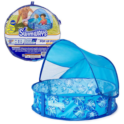 SwimWays Elite Pop-Up Above Ground Pool, Baby Pool with Canopy & Carrying Case, Foldable Pool for Kids Aged 9-24 Months, Measures 32", Blue