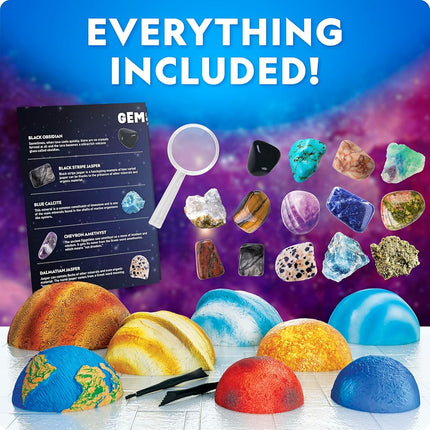 National Geographic Ultimate Space Dig Kit – 8 Planet-Shaped Bricks with 16 Real Rock & Gemstone Specimens, Shareable Excavation Kit with 2 Dig Tools, Magnifying Glass & Learning Poster, Mining Kit