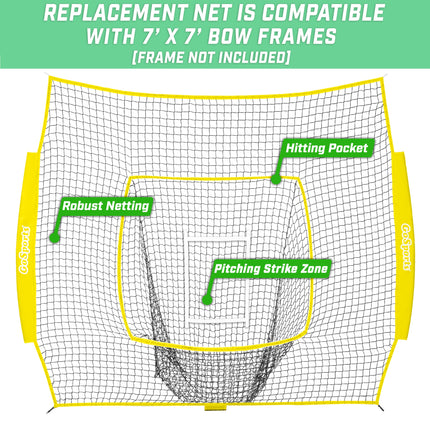 Filet de rechange GoSports Team Tone de 2,13 m x 2,13 m pour baseball/softball - Compatible avec le filet de baseball GoSports de 2,13 m x 2,13 m - Cadre non inclus - Jaune