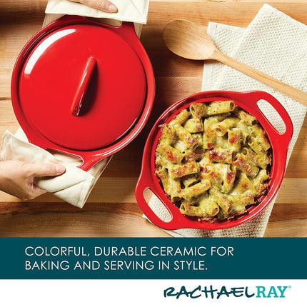 Rachael Ray Solid Glaze Ceramics Casserole Bakers/Baking Dish with Shared Lid Set, 3 Piece, Red
