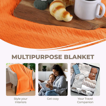 Superior Diamond Weave Blanket, 100% Cotton Cover for Home, Couch, Bed, Soft, Warm Blankets, Boho Aesthetic, Comfy, Cozy, and Cute Covers, Decorative Bedding Essentials, King, Burnt Orange
