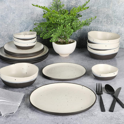 Gibson Elite 101984.16RM Rhinebeck Round Reactive Glaze Double Bowl Stoneware Dinnerware Set, Service for Four (16pcs), White and Black